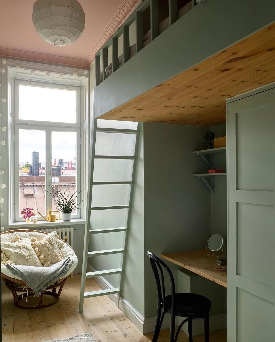 A Swedish Family Home Packed With Color 9 kids-bedroom-sage-green-bunk-bed-desk-nordroom