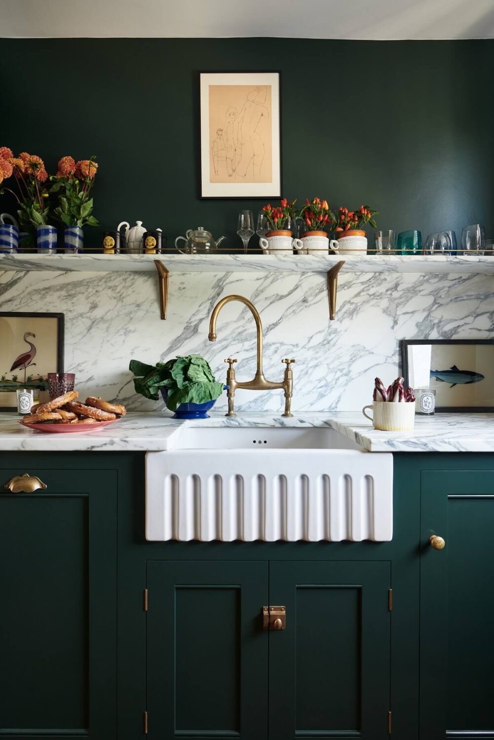 A Small Dark Green Classic English deVOL Kitchen 4 kitchen-open-shelf-flowers-arabescato-marble-nordroom