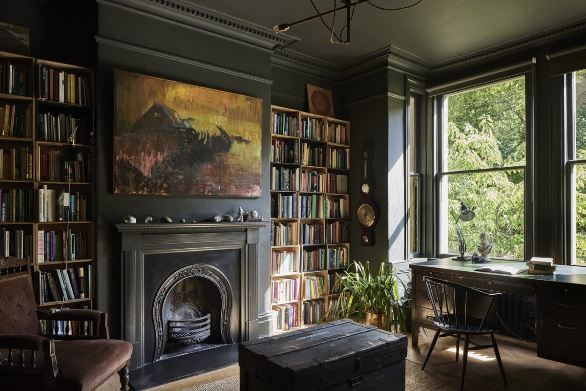 A Spectacular Victorian Villa with Contemporary Extension in Bath 10 library-dark-gray-walls-home-office-bookshelves-fireplace-nordroom