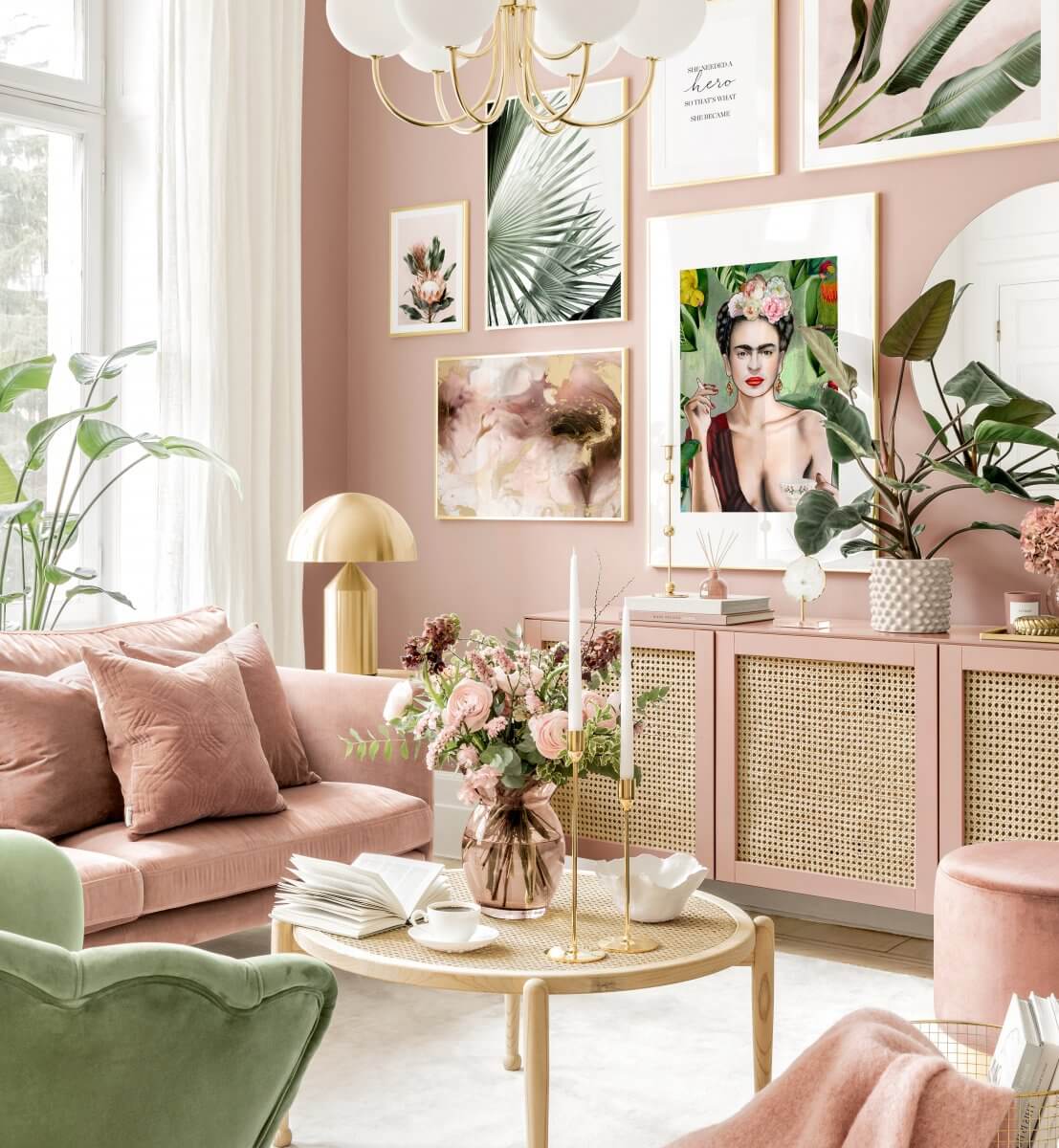 Sherwin-Williams Color of the Year 2023: Redend Point 30 living-room-pink-walls-gallery-wall-nordroom