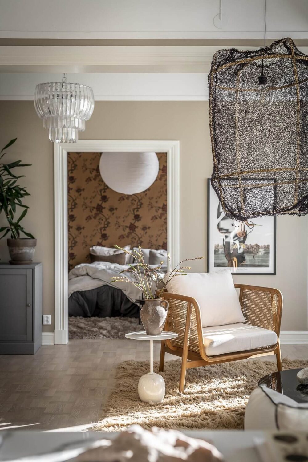 Magical Light in a Stylish Scandinavian Apartment 15 living-room-sand-colored-walls-bedroom-view-nordroom