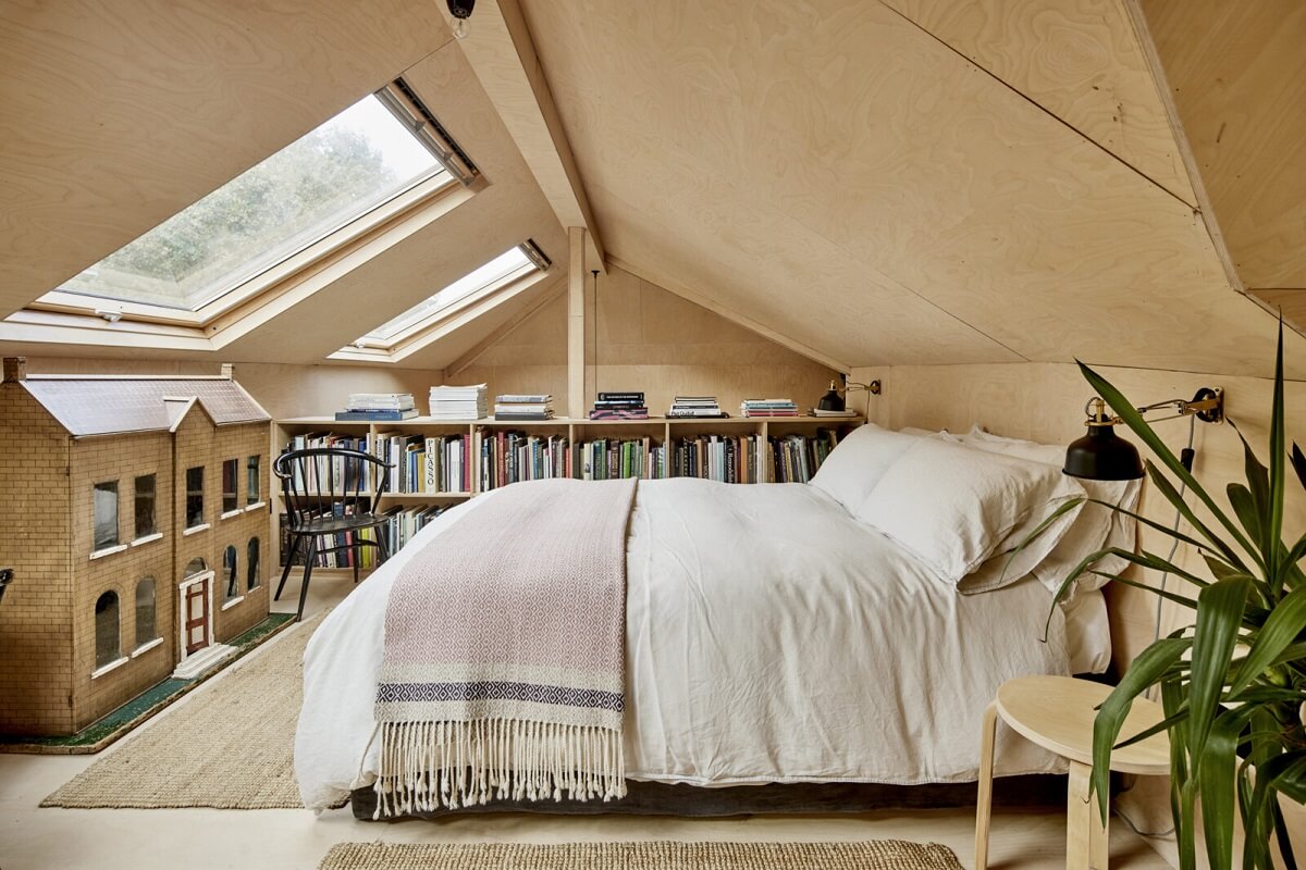 A Spectacular Victorian Villa with Contemporary Extension in Bath 25 loft-bedroom-bookshelves-skylight-plywood-nordroom