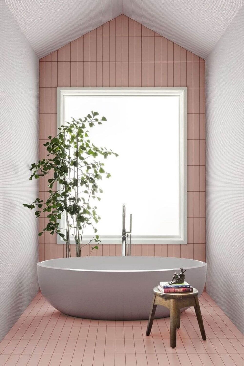 89 Pink Bathroom Ideas: From Hot Pink Walls to Blush Tiles 35 minimalistic-bathroom-freestanding-bath-pink-tiles-redend-point-sherwin-williams-nordroom