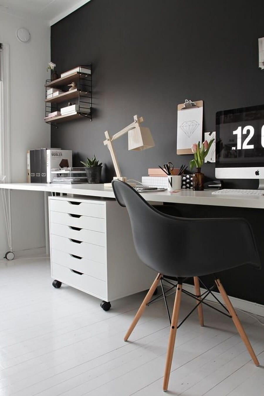 Double Desk IKEA Hacks That Will Boost Your Productivity 3 monochrome-home-office-black-wall-double-desk-alex-drawer-nordroom