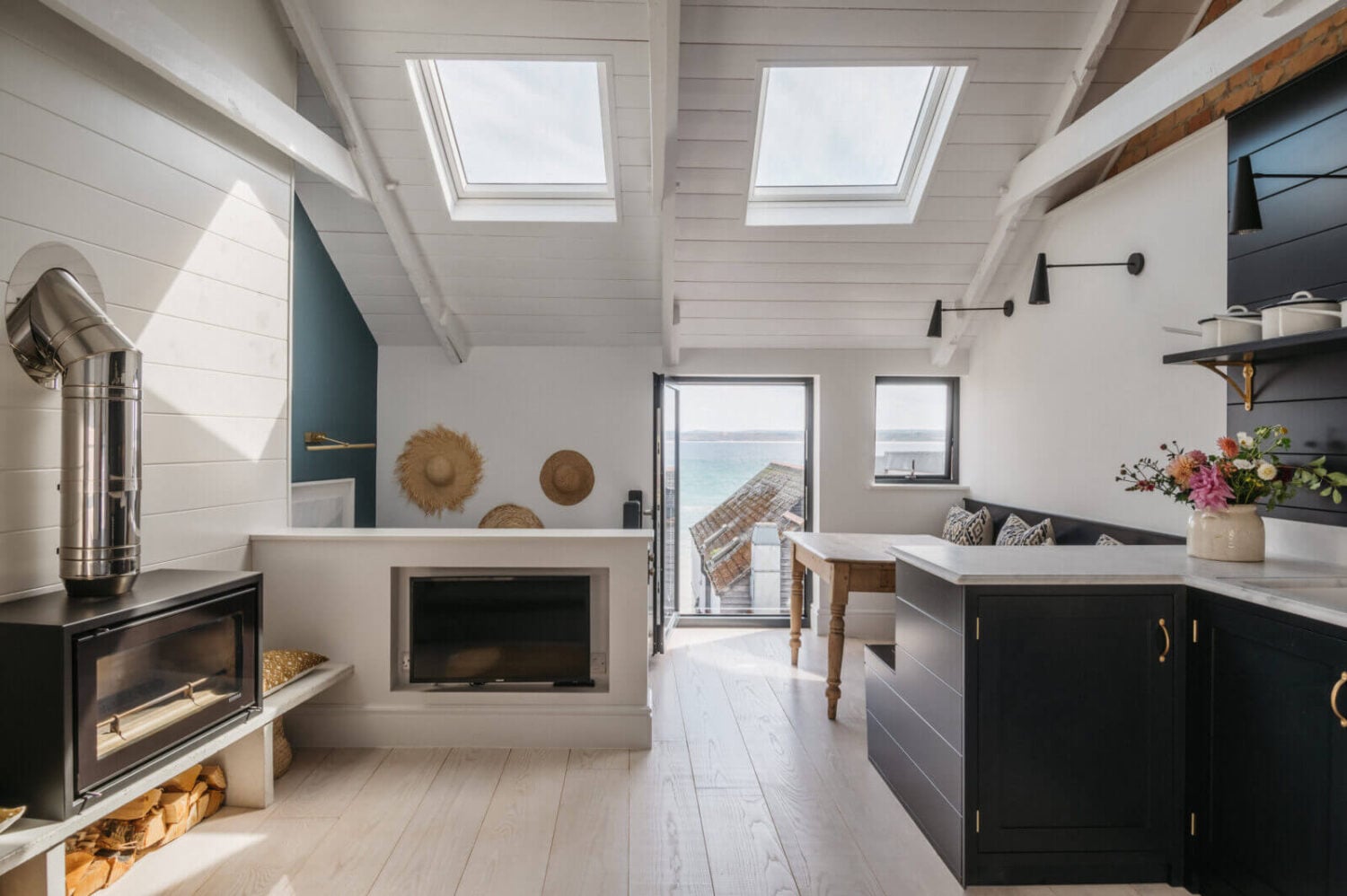 A Beautiful Duplex Apartment in Cornwall 2 open-plan-kitchen-living-room-skylights-st-ives-nordroom