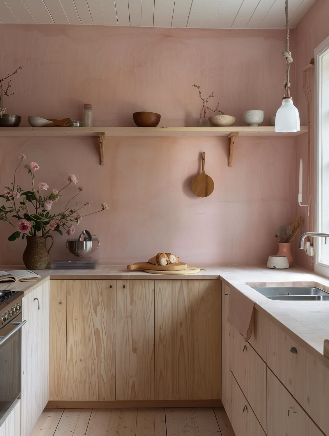 Sherwin-Williams Color of the Year 2023: Redend Point 32 plywood kitchen with light pink walls nordroom