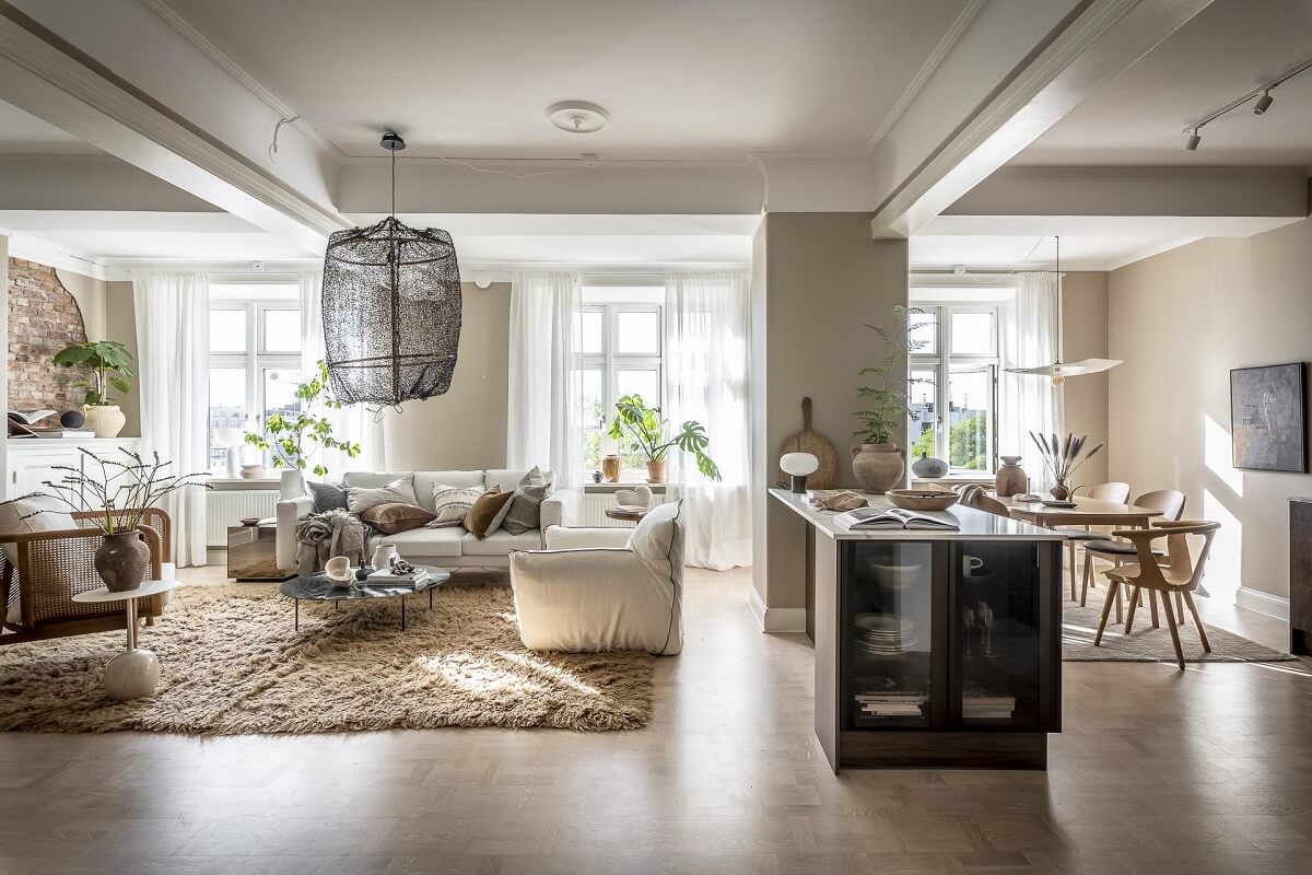 Magical Light in a Stylish Scandinavian Apartment 4 serene-open-plan-living-room-kitchen-island-nordorom