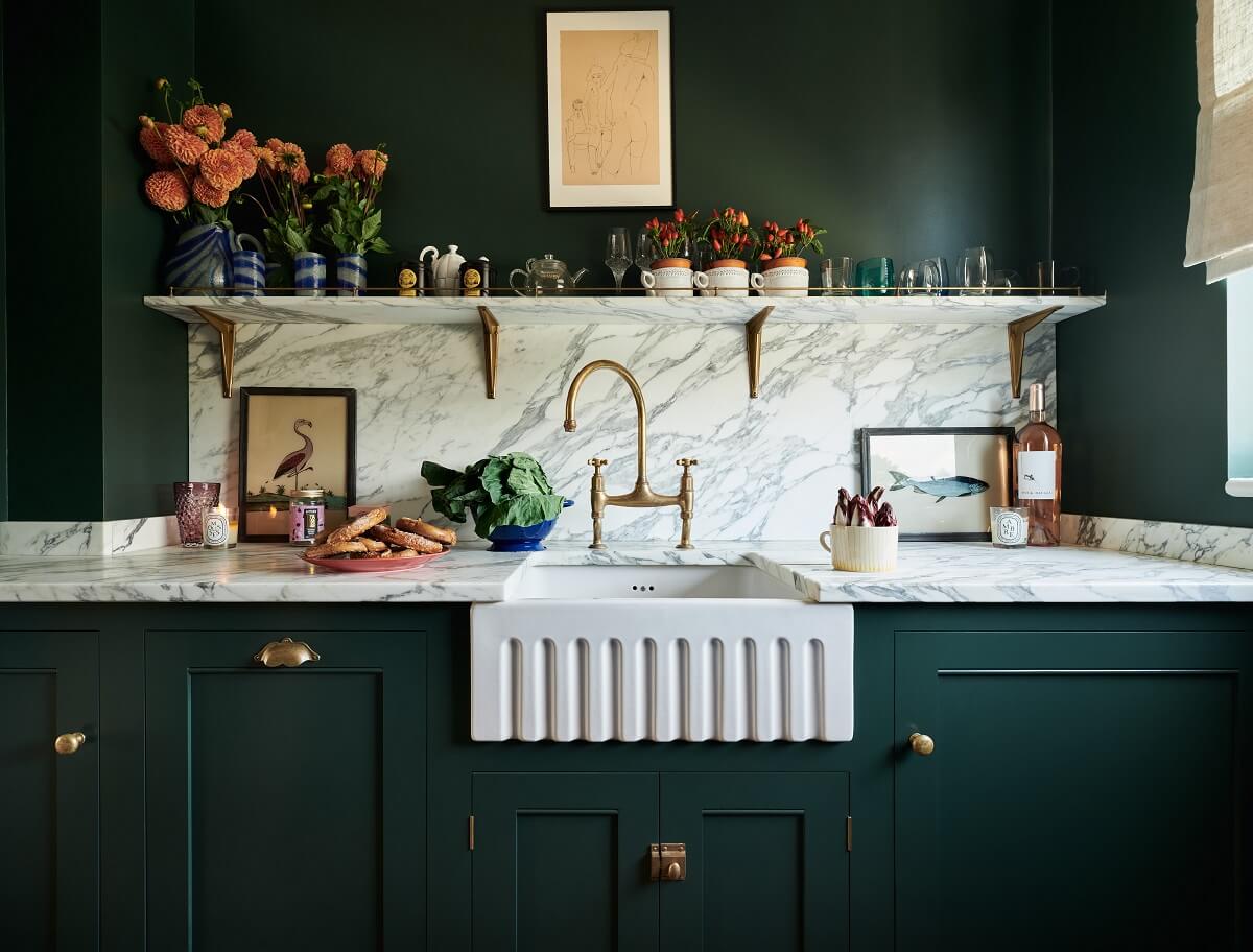 A Small Dark Green Classic English deVOL Kitchen 3 sink-arabescato-marble-worktop-shelf-small-dark-green-kitchen-nordroom