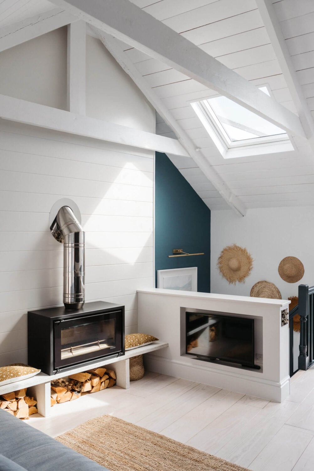 A Beautiful Duplex Apartment in Cornwall 6 sitting-room-sloped-ceilngs-woodburner-cornwall-nordroom