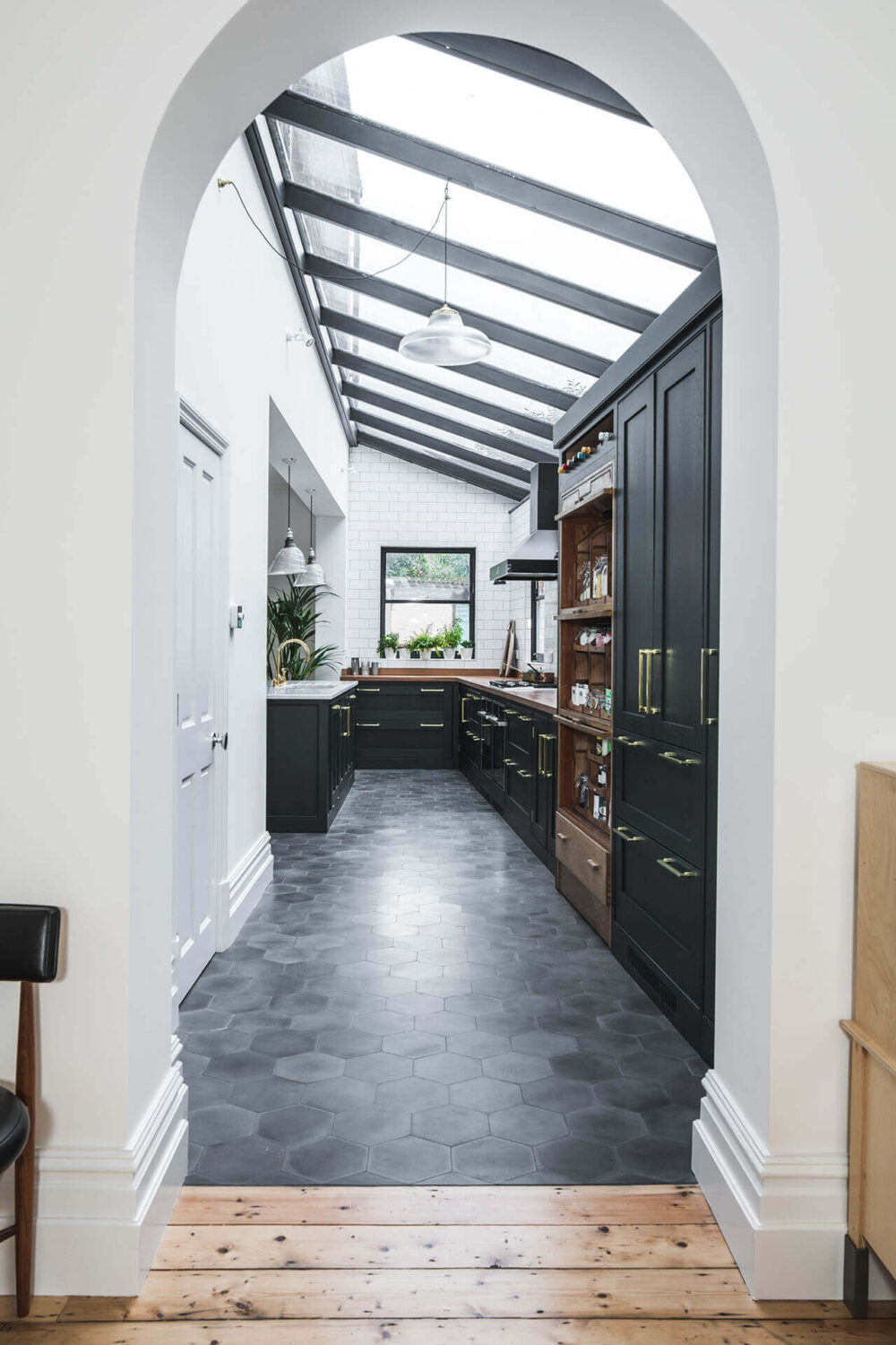 Beautiful Kitchens with Skylights That Add Light and Style 3 Dark-Green-Shaker-kitchen-Obsidian-Green-Little-Green-hexagon-concrete-tiles-skylight-ceiling-nordroom
