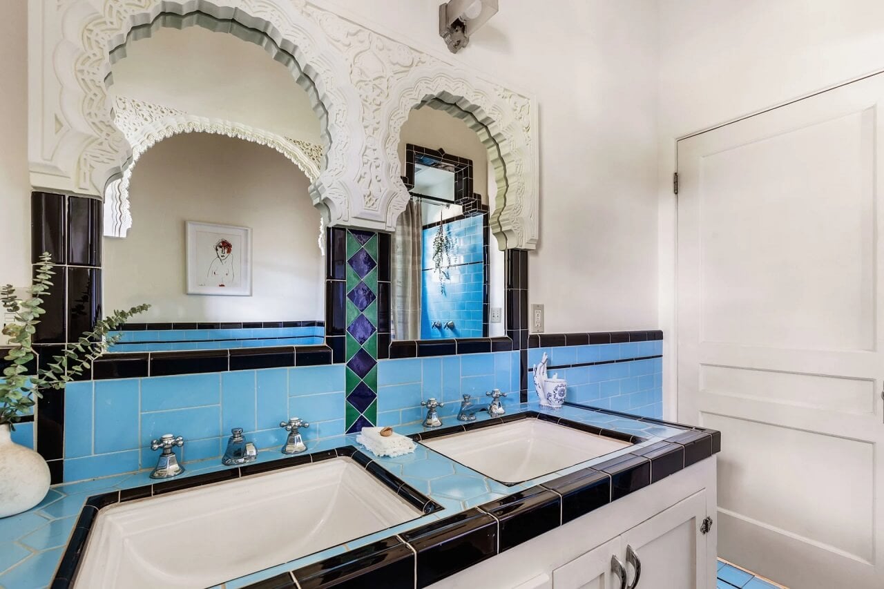 A Bright Spanish-Style Villa in Los Angeles 22 bathroom-double-sink-blue-tiles-nordroom