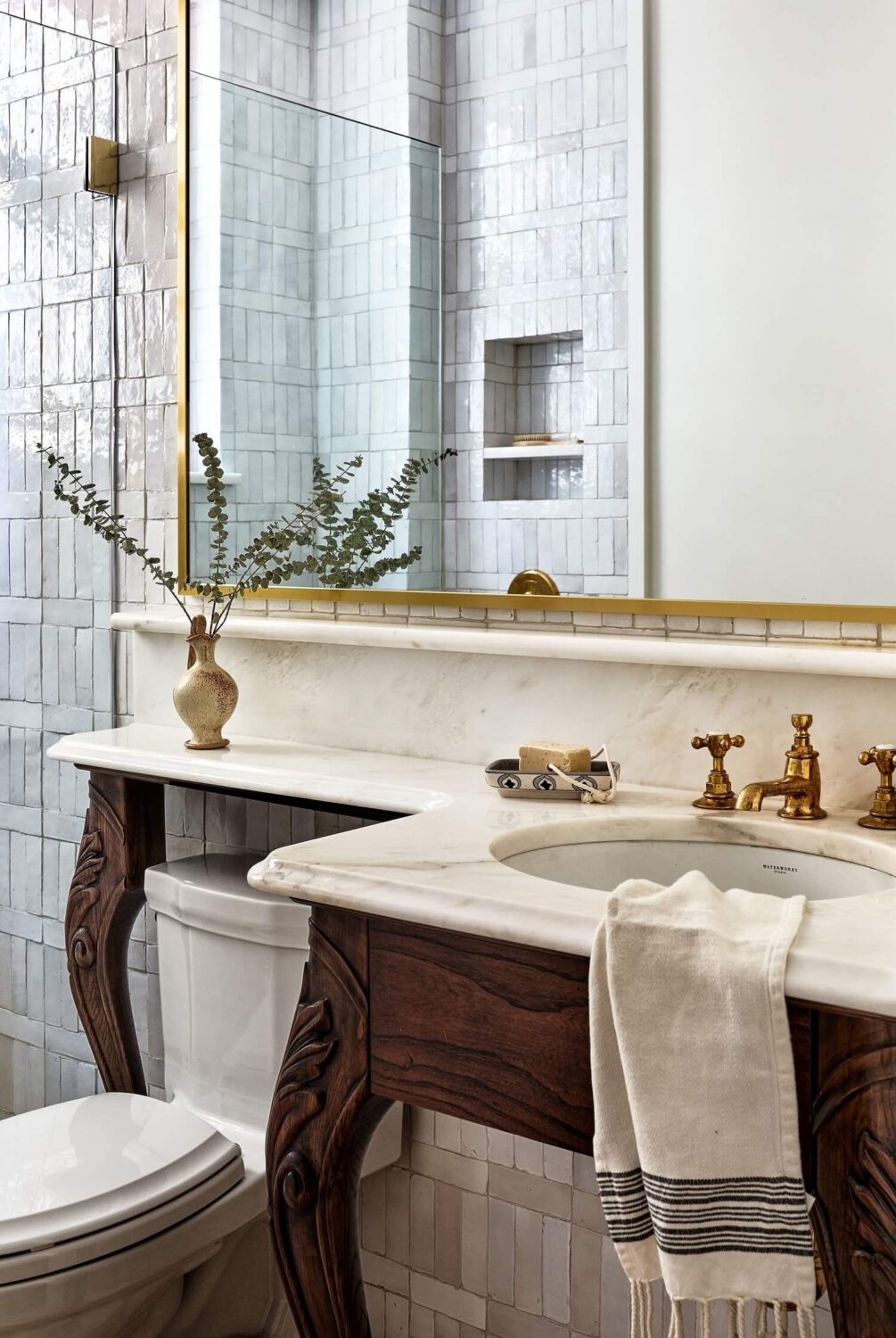 Bold Colors in a Washington D.C. Pied-à-Terre 15 bathroom-wooden-vanity-medicine-cabinet-nordroom