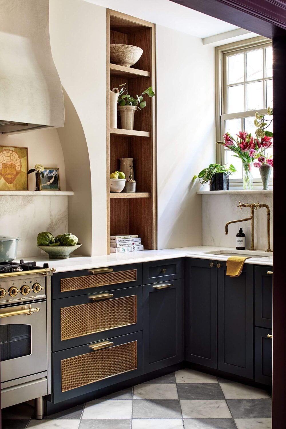 Bold Colors in a Washington D.C. Pied-à-Terre 4 blue-galley-kitchen-antique-stone-zoe-feldman-nordroom