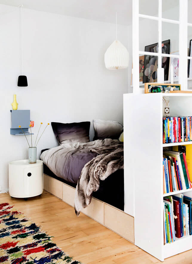 Great Living Room Bedroom Combo Ideas (Layout Tips + Styling) 5 bookcase-glass-room-divider-nordroom