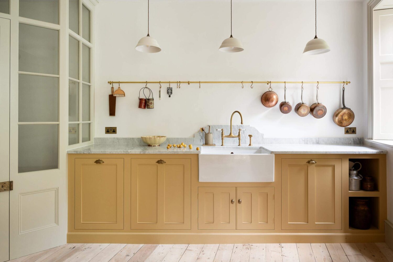 A deVOL Kitchen with Butter Yellow Cabinets 8 buttery-yellow-kitchen-cabinets-hanging-rail-nordroom