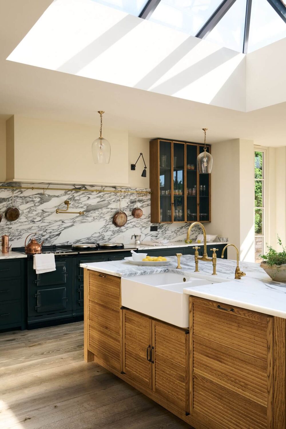A Spacious Country Kitchen with Huge Skylight 4 devol-haberdasher-kitchen-island-green-shaker-cabinets-nordroom