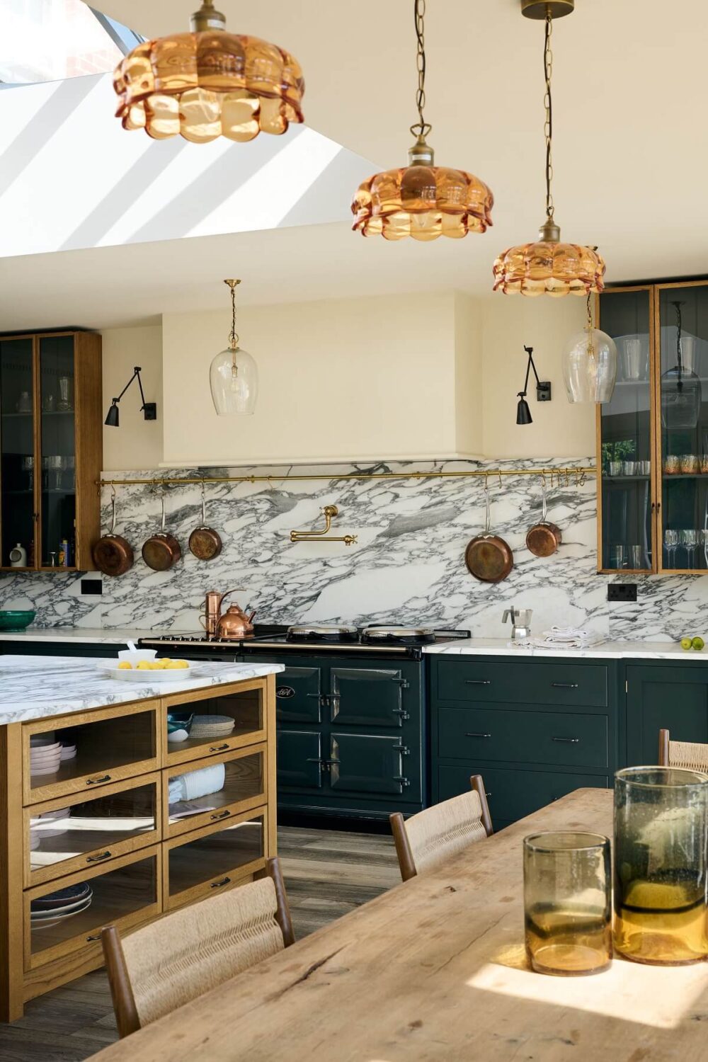 A Spacious Country Kitchen with Huge Skylight 10 devol-kitchen-green-shaker-cabinets-dining-table-nordroom