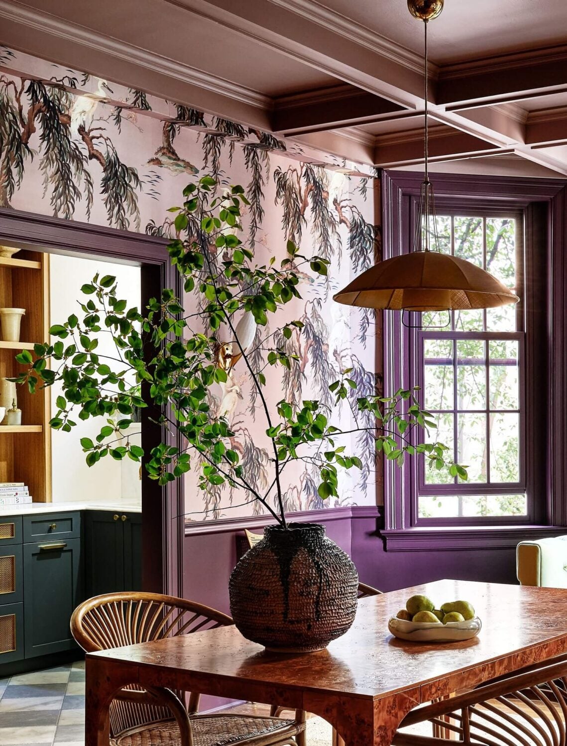 Bold Colors in a Washington D.C. Pied-à-Terre 8 dining-room-purple-trims-wallpaper-blue-galley-kitchen-nordroom