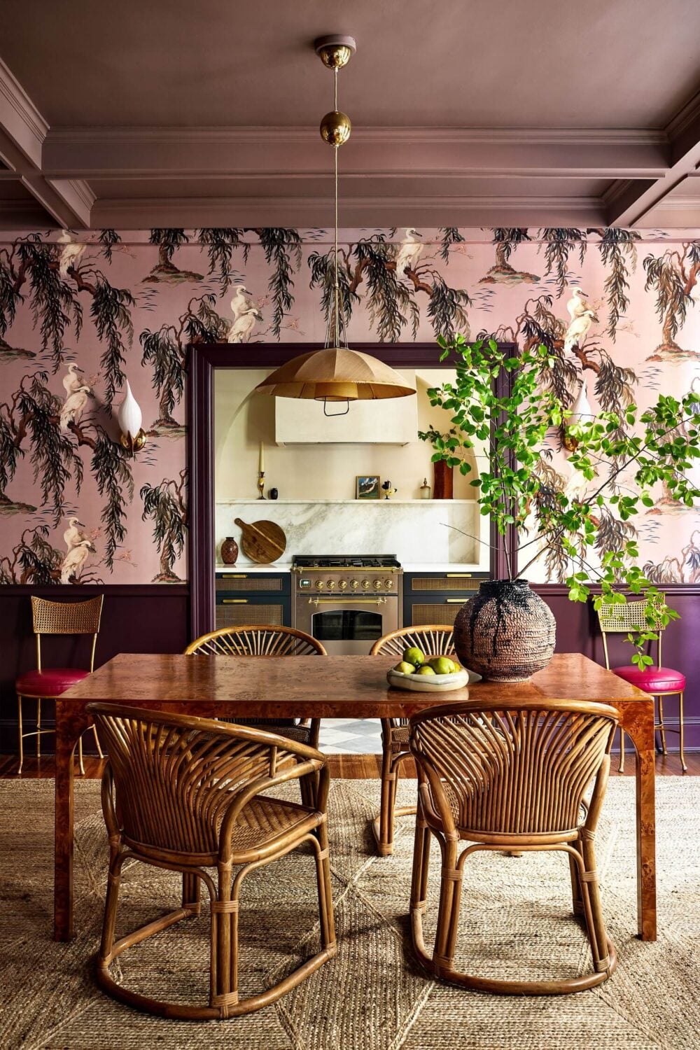 Bold Colors in a Washington D.C. Pied-à-Terre 10 dining-room-wicker-chair-house-of-hackney-wallpaper-purple-accent-color-nordroom