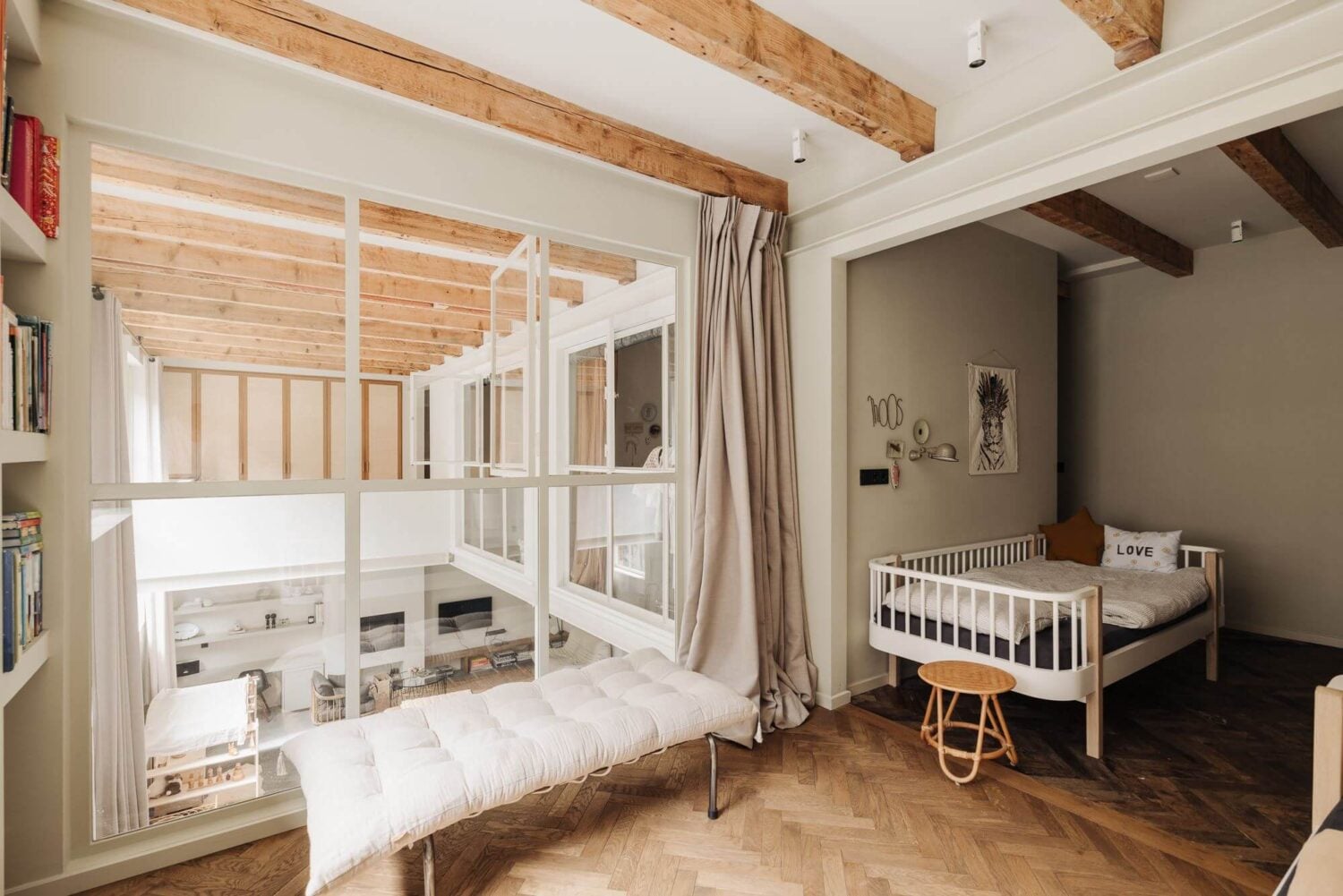 A Modern Family Loft in a Former School Building 24 double-kids-bedroom-overlooking-living-space-loft-exposed-beams-nordroom