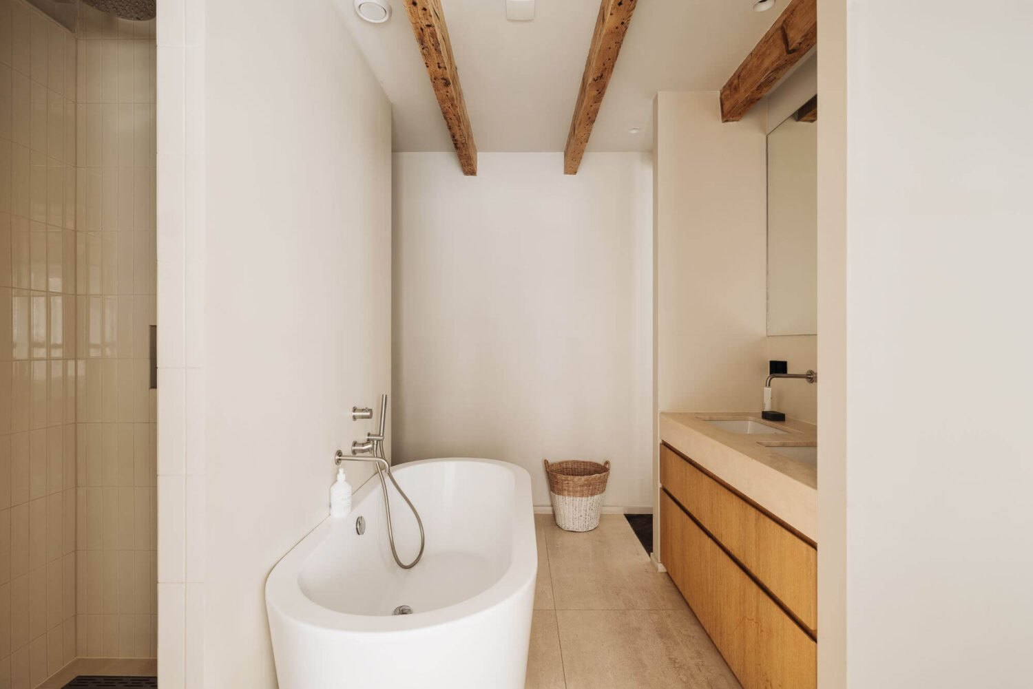A Modern Family Loft in a Former School Building 18 en-suite-bathroom-exposed-wooden-beams-nordroom