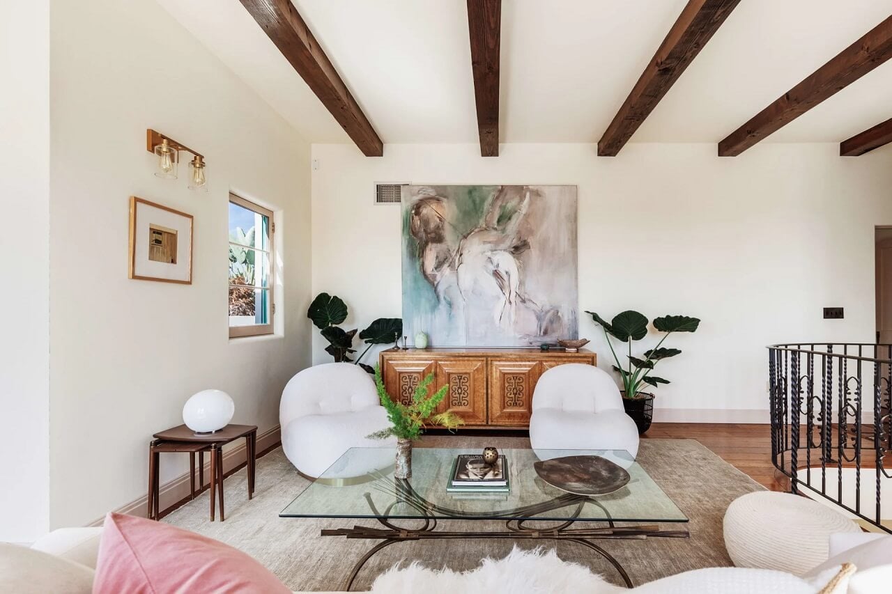 A Bright Spanish-Style Villa in Los Angeles 32 exposed-ceiling-beams-white-walls-sitting-room-nordroom