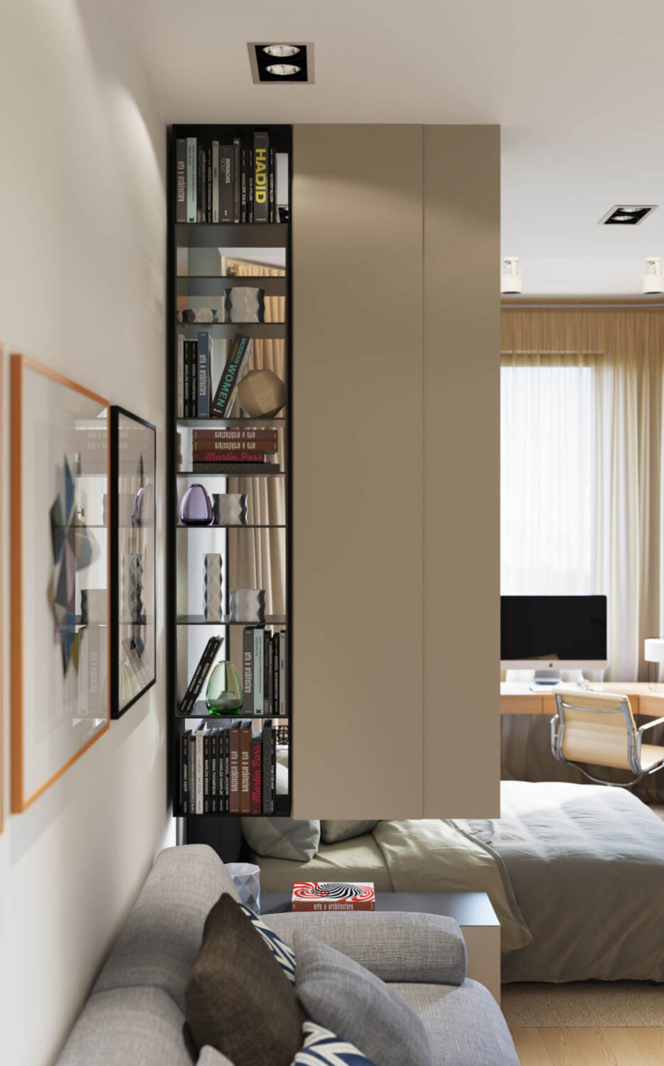 Great Living Room Bedroom Combo Ideas (Layout Tips + Styling) 41 floating-storage-unit-divider-living-space-bedroom-one-room-apartment-nordroom