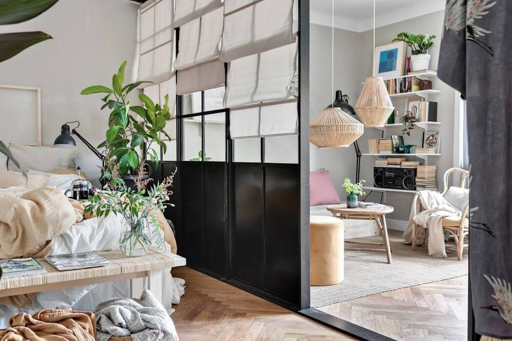 Great Living Room Bedroom Combo Ideas (Layout Tips + Styling) 26 glass-steel-partition-wall-curtains-one-room-apartment-nordroom