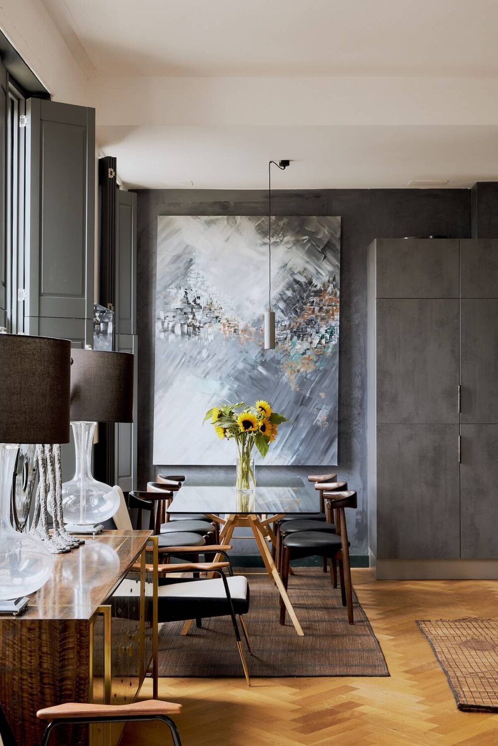 A Beautiful London Apartment in an Italianate Style Villa 5 gray-kitchen-dining-table-large-art-hardwood-floor-nordroom
