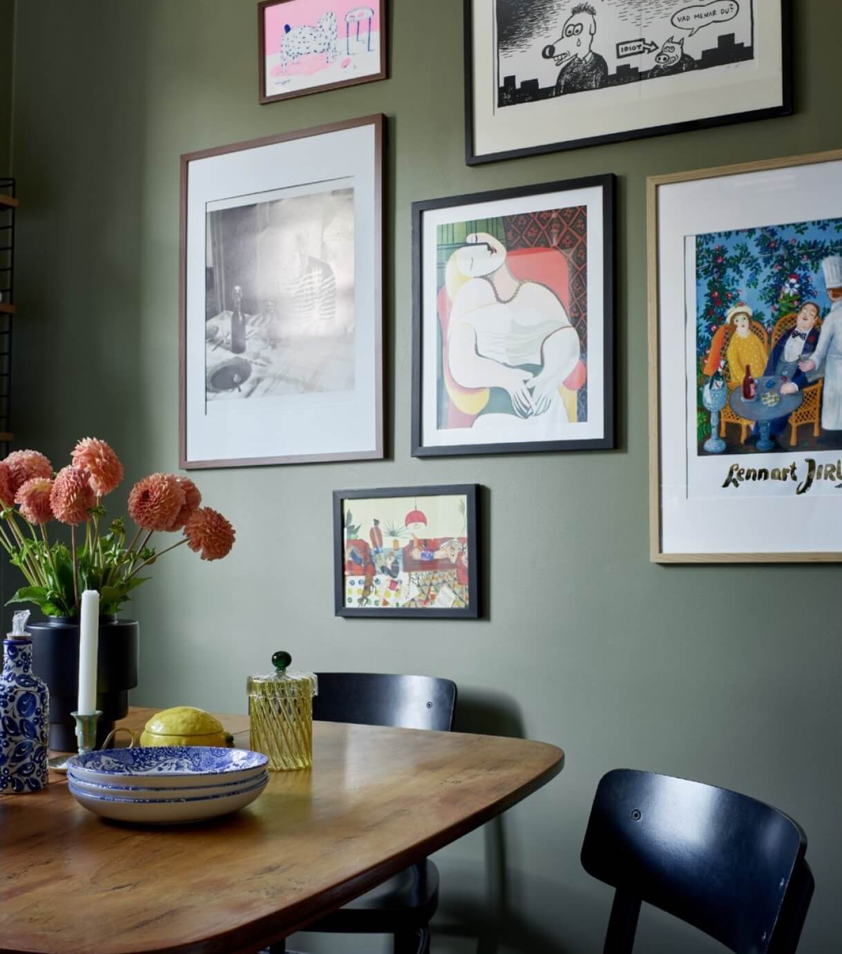 A Colorful Nordic Apartment with Dusty Pink Walls 17 green-walls-kitchen-gallery-wall-nordroom
