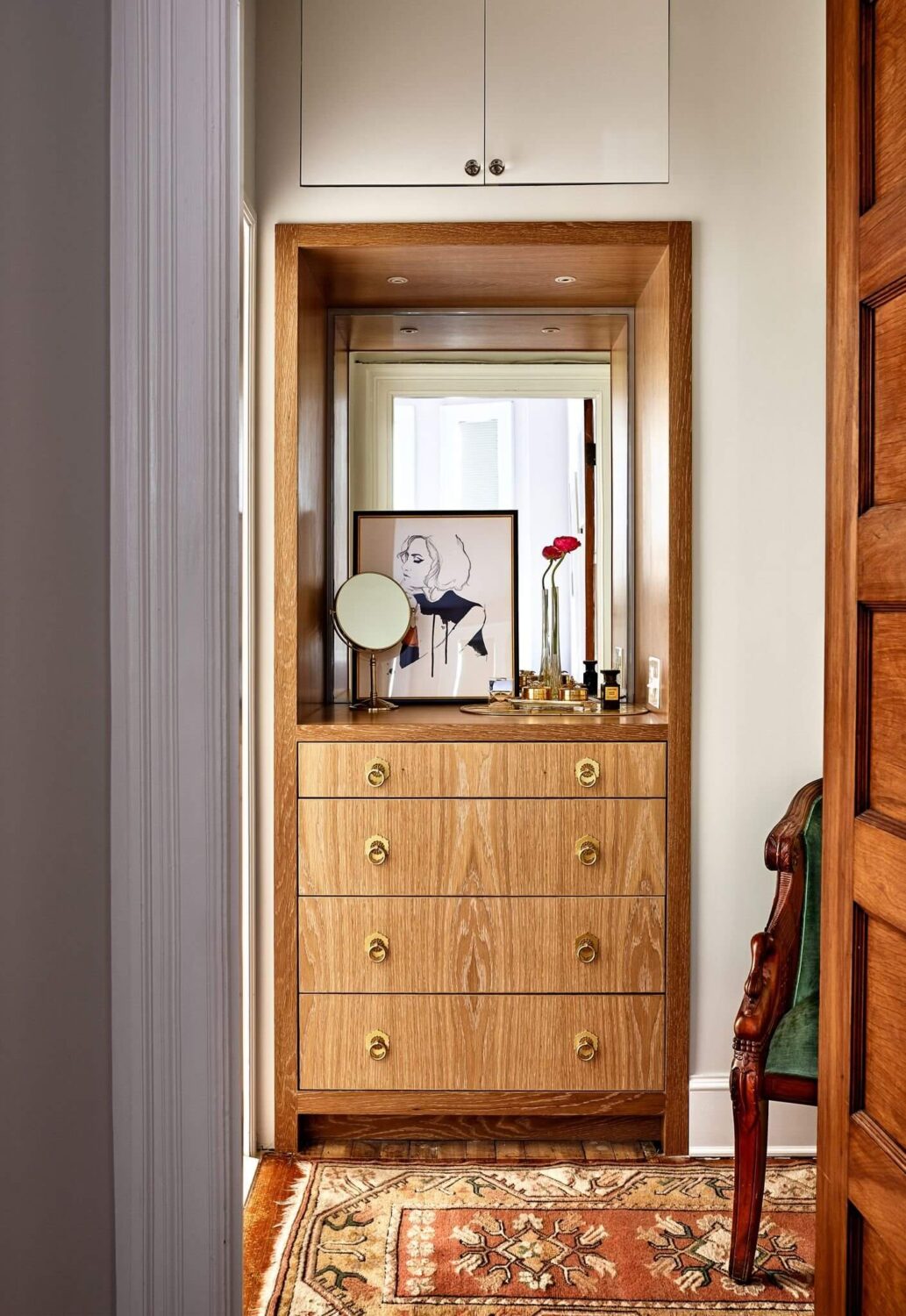 Bold Colors in a Washington D.C. Pied-à-Terre 16 hallway-built-in-vanity-dresser-rug-nordroom