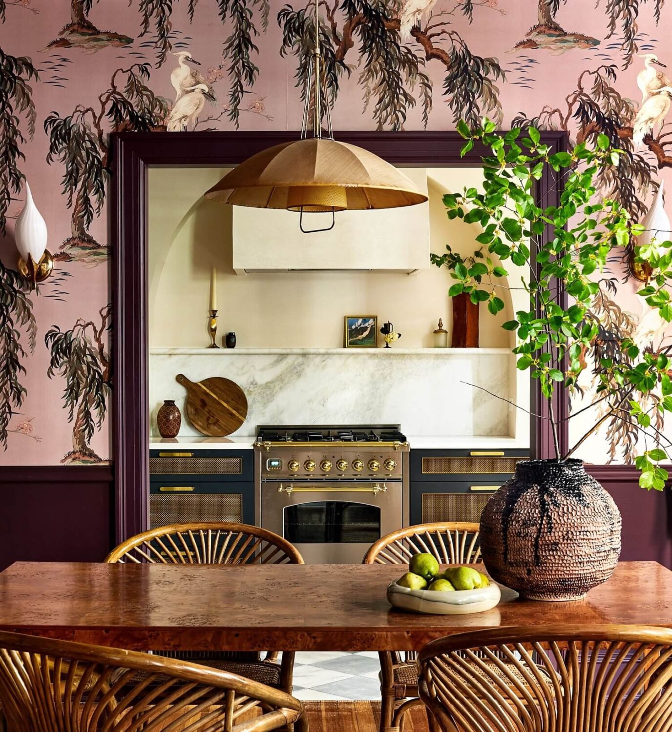Bold Colors in a Washington D.C. Pied-à-Terre 11 house-of-hackney-zeus-wallpaper-dining-room-kitchen-wicker-chairs-nordroom