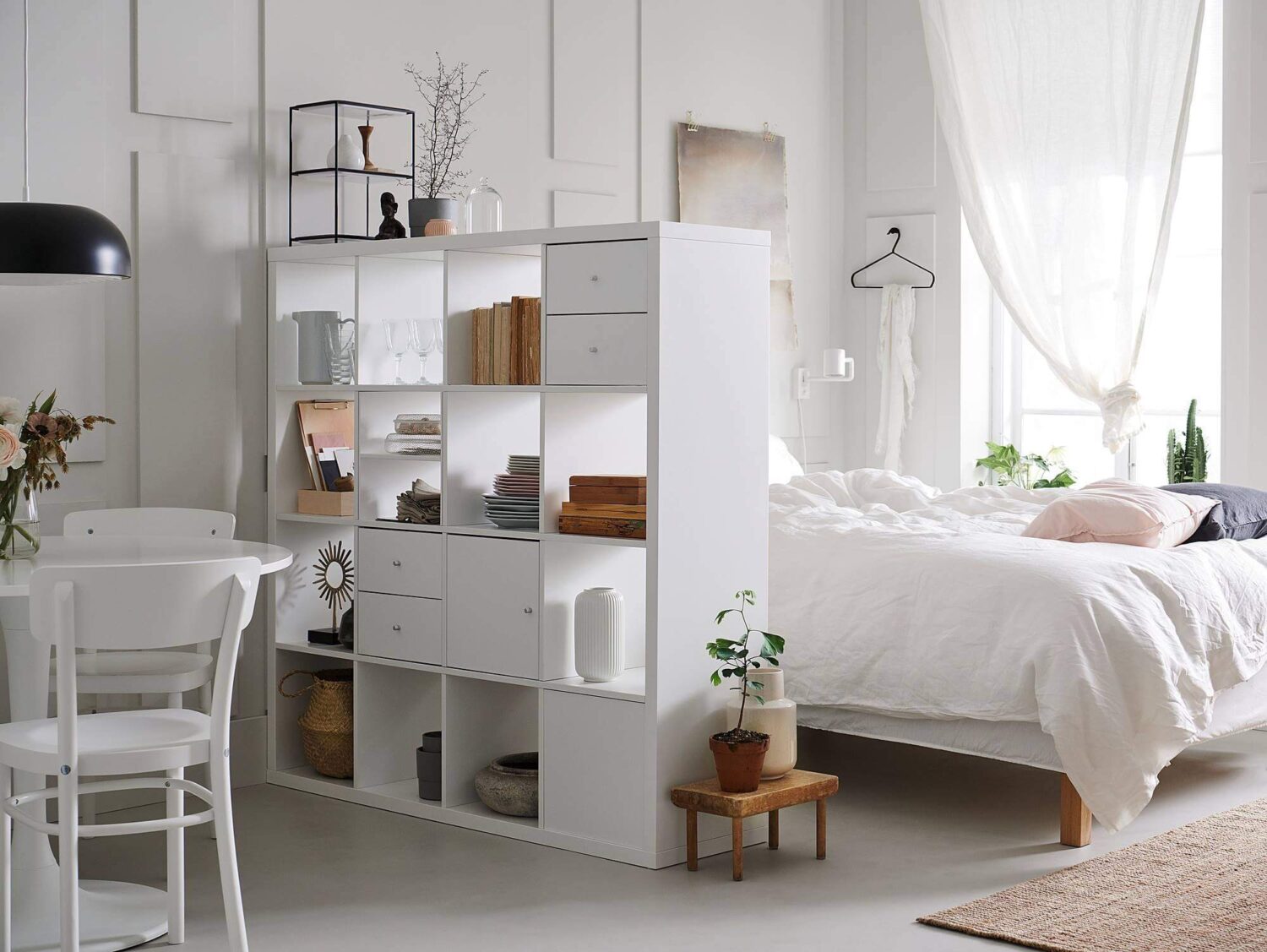 Great Living Room Bedroom Combo Ideas (Layout Tips + Styling) 4 ikea-kallax-room-divider-white-one-room-apartment-nordroom
