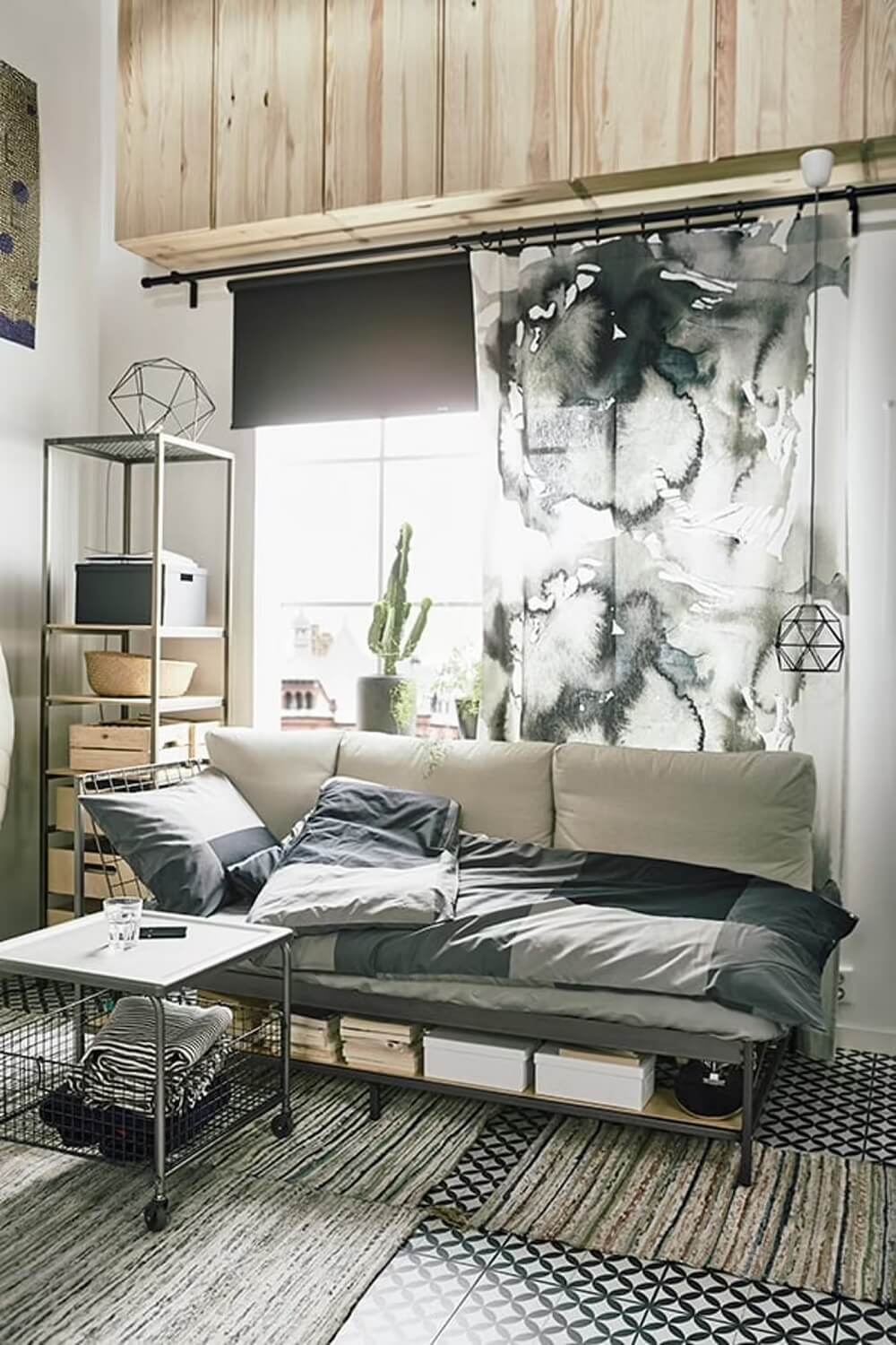 Great Living Room Bedroom Combo Ideas (Layout Tips + Styling) 43 ikea-sofa-bed-wall-mounted-ivar-cabinets-nordroom