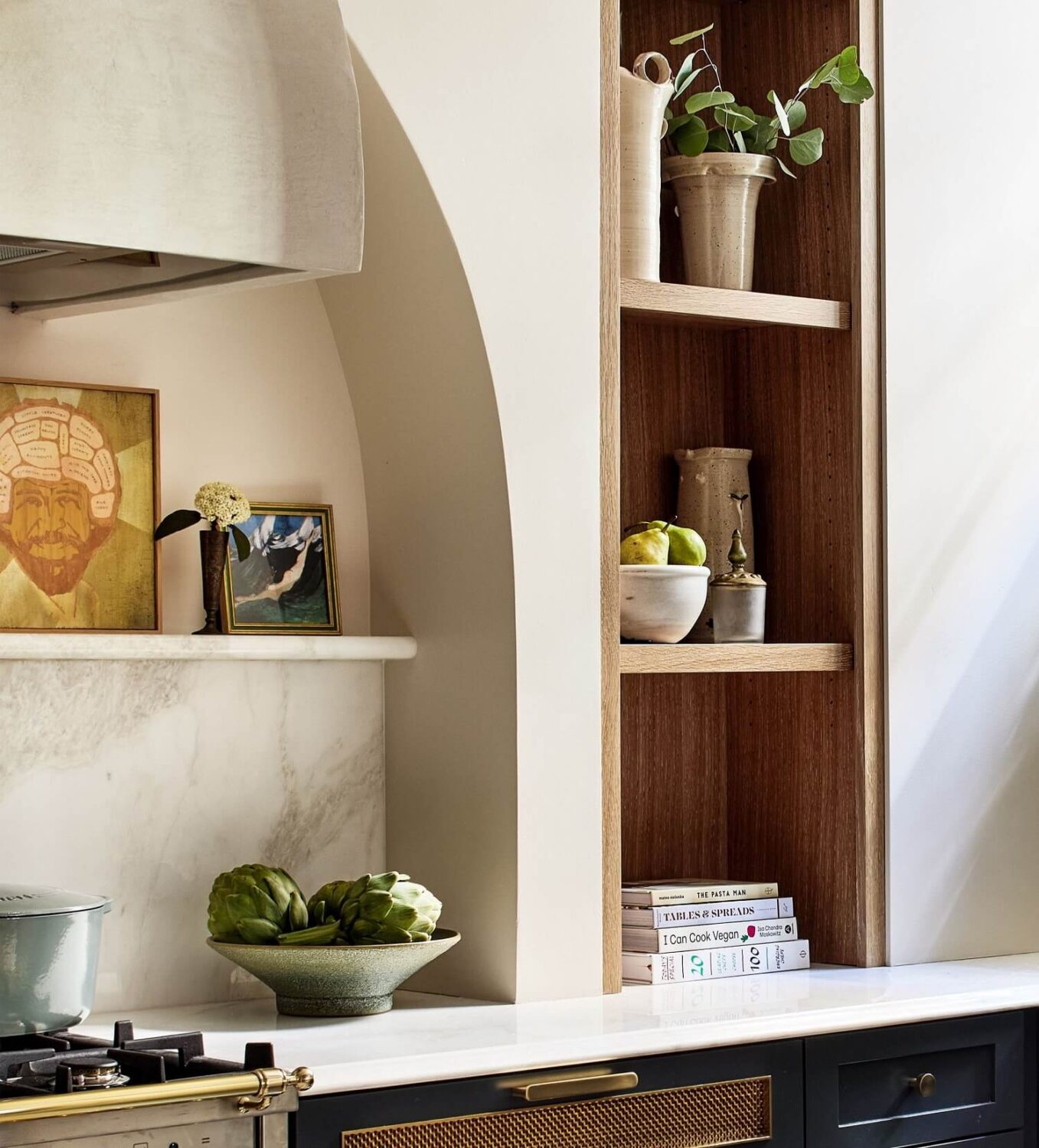 Bold Colors in a Washington D.C. Pied-à-Terre 3 kitchen-open-cabinets-arch-blue-cabinets-nordroom