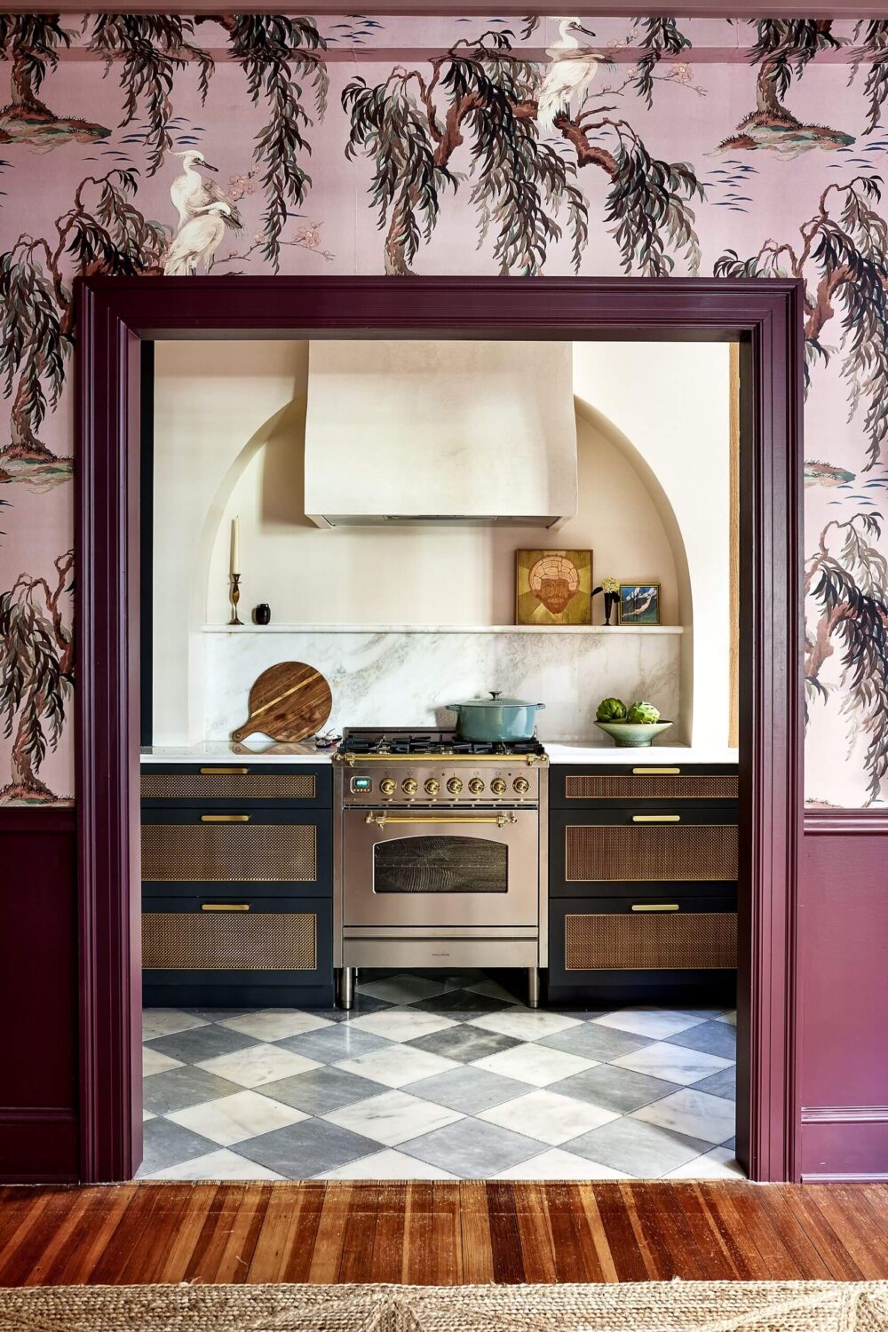 Bold Colors in a Washington D.C. Pied-à-Terre 12 kitchen-view-from-dining-room-wallpaper-nordroom