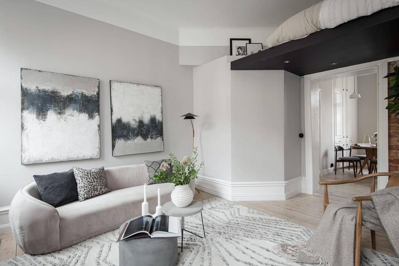 Great Living Room Bedroom Combo Ideas (Layout Tips + Styling) 14 light-gray-studio-loft-bed-nordroom