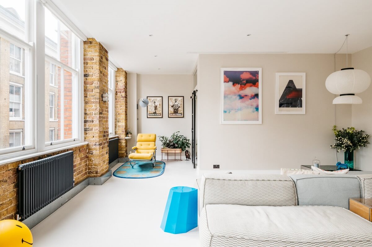 A Modern Apartment with Exposed Brick Walls and Color Accents 6 light-open-plan-living-space-exposed-brick-walls-warehouse-conversion-nordroom