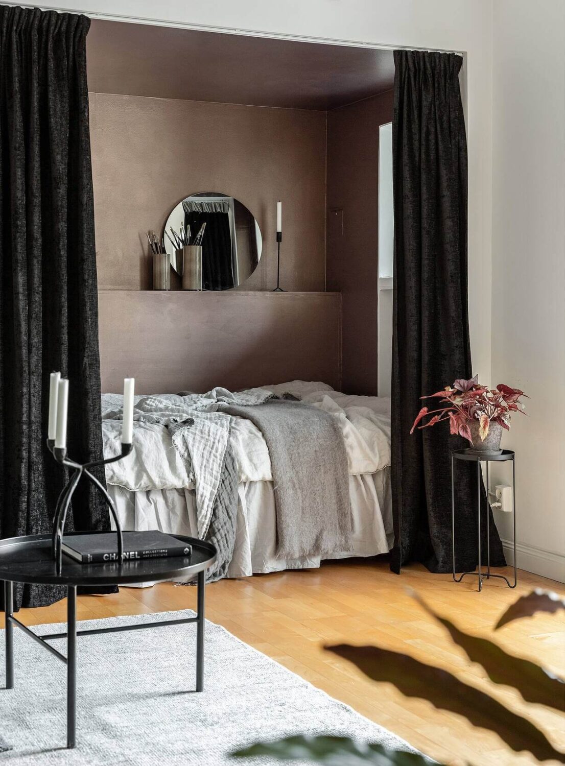 Great Living Room Bedroom Combo Ideas (Layout Tips + Styling) 19 living-room-bedroom-combination-bed-niche-curtains-nordroom