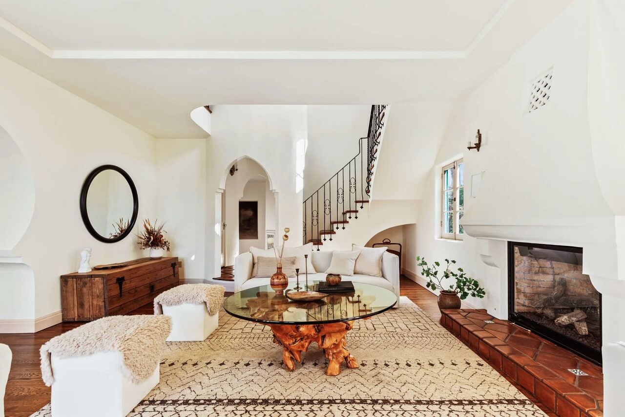 A Bright Spanish-Style Villa in Los Angeles 3 living-room-firpelace-open-staircase-large-rug-nordroom