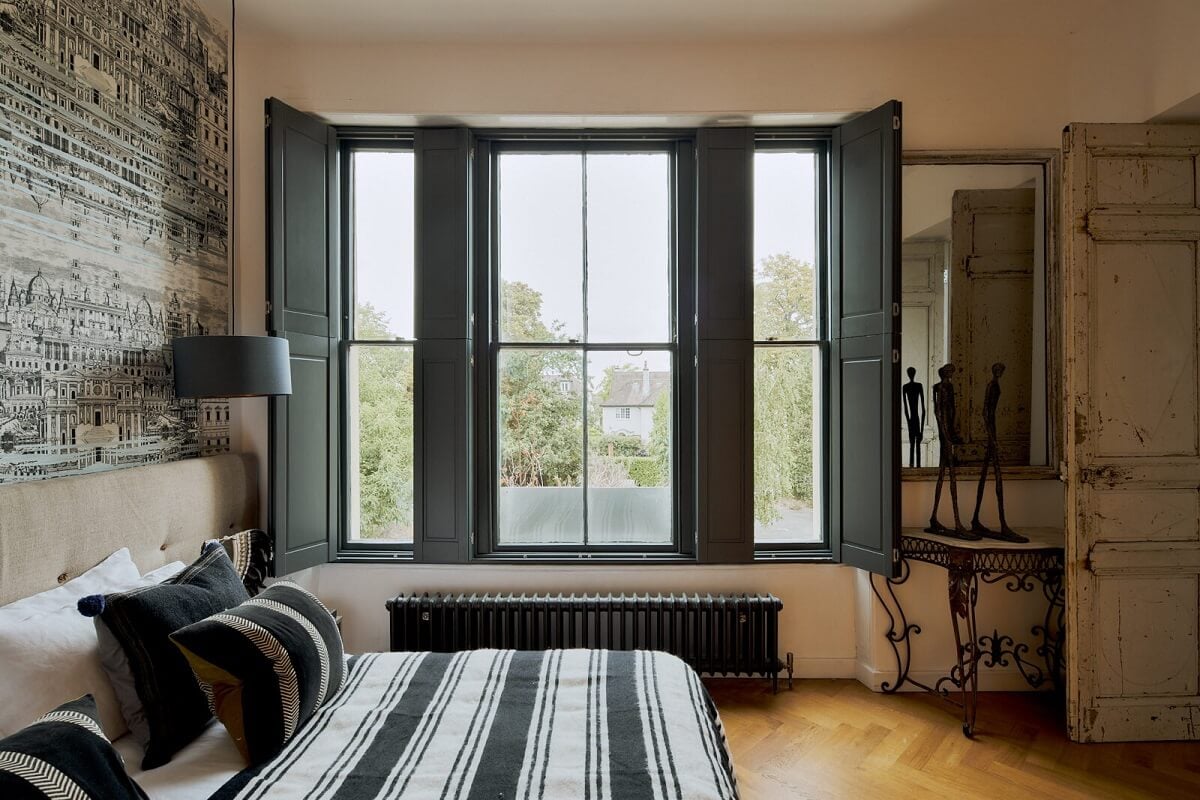 A Beautiful London Apartment in an Italianate Style Villa 10 master-bedroom-cole-and-son-wallpaper-gray-shutters-nordroom