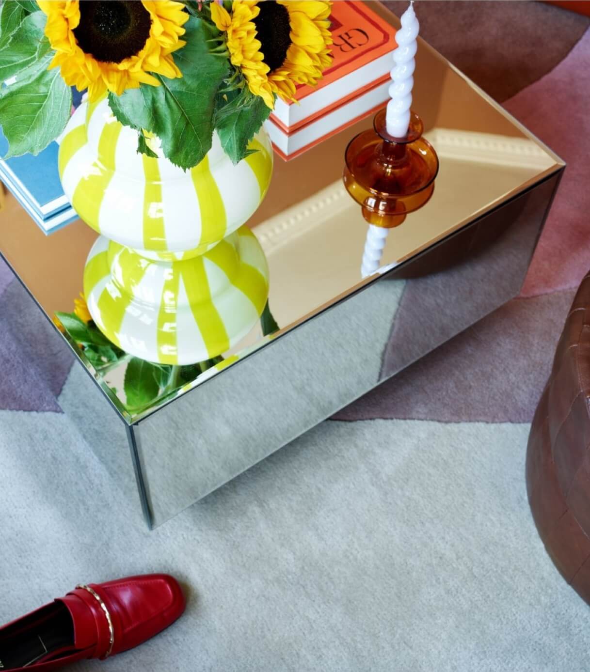 A Colorful Nordic Apartment with Dusty Pink Walls 8 mirrored-cube-coffee-table-nordroom