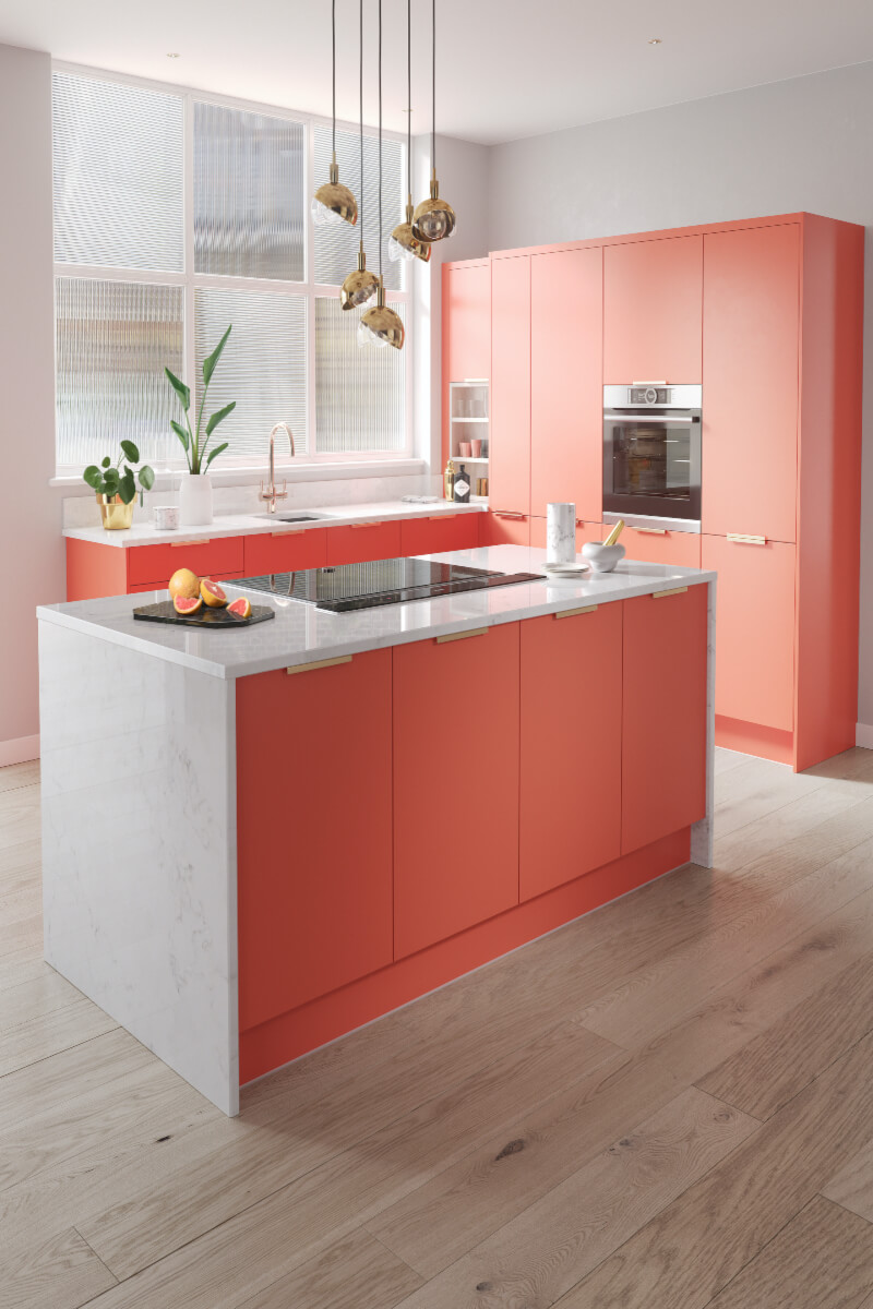 Benjamin Moore Color of the Year 2023: Raspberry Blush 10 modern-kitchen-coral-cabinets-island-nordroom