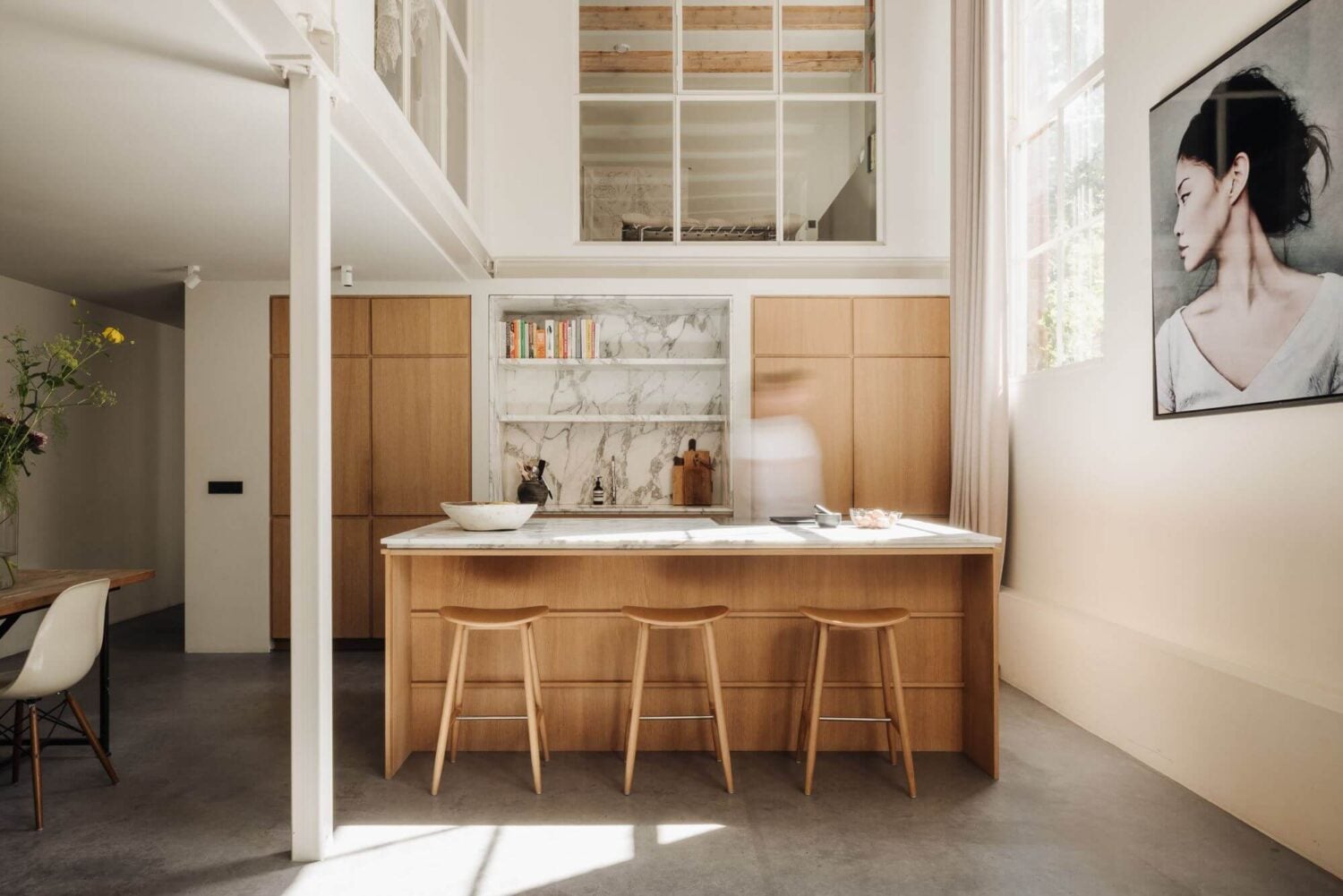 A Modern Family Loft in a Former School Building 3 modern-kitchen-island-breakfast-bar-high-ceiling-nordroom