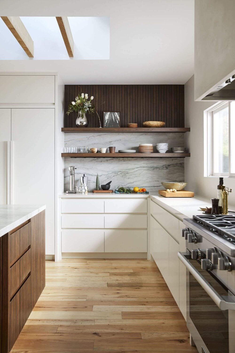 57 Stylish Two-Tone Kitchen Cabinet Ideas 13 modern-white-kitchen-open-shelves-skylight-white-cupboards-nordroom