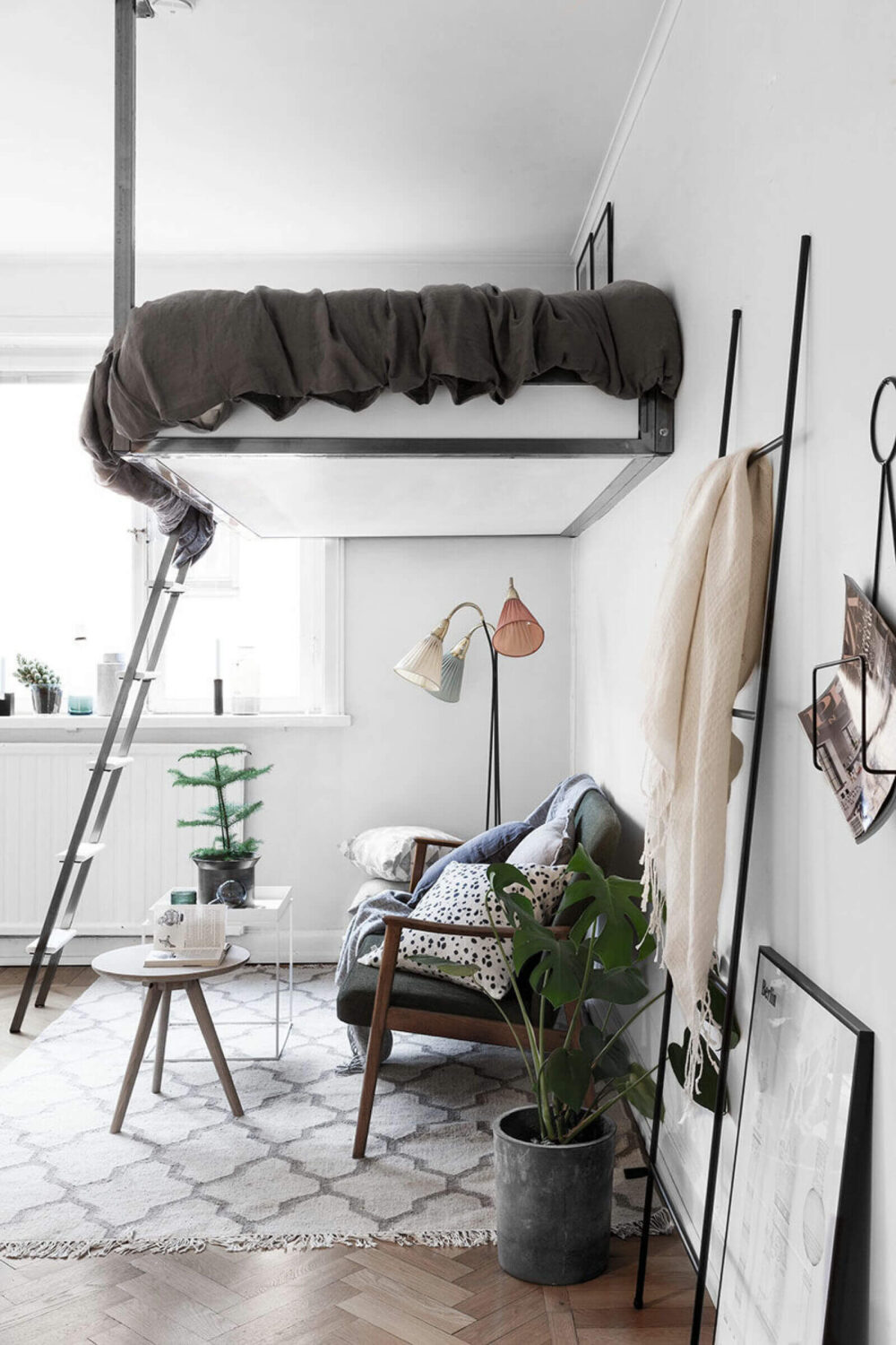 Great Living Room Bedroom Combo Ideas (Layout Tips + Styling) 13 nordic-studio-apartment-floating-loft-bed-nordroom
