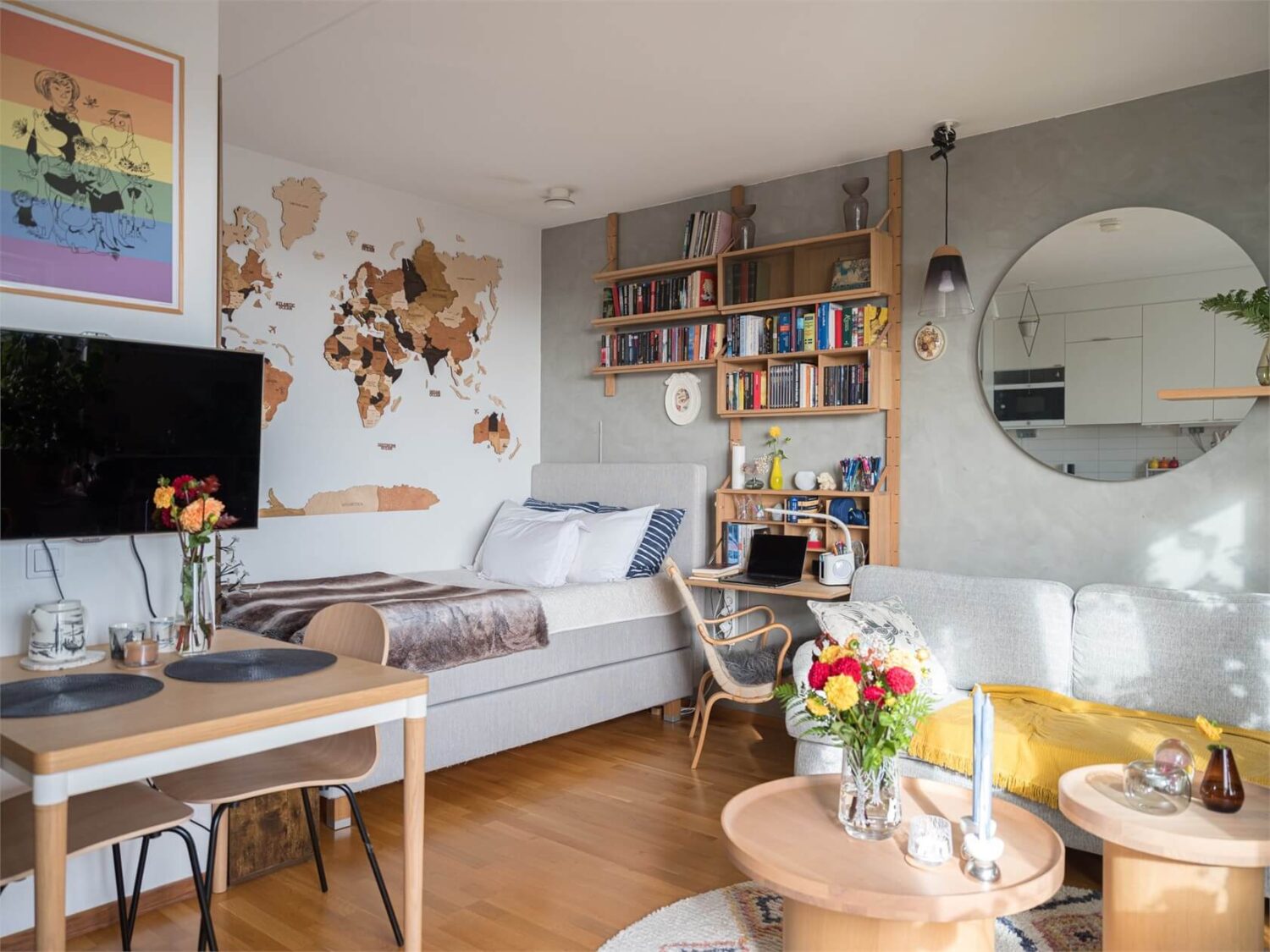 Great Living Room Bedroom Combo Ideas (Layout Tips + Styling) 39 one-room-apartment-desk-shelves-nightstand-bed-niche-nordroom