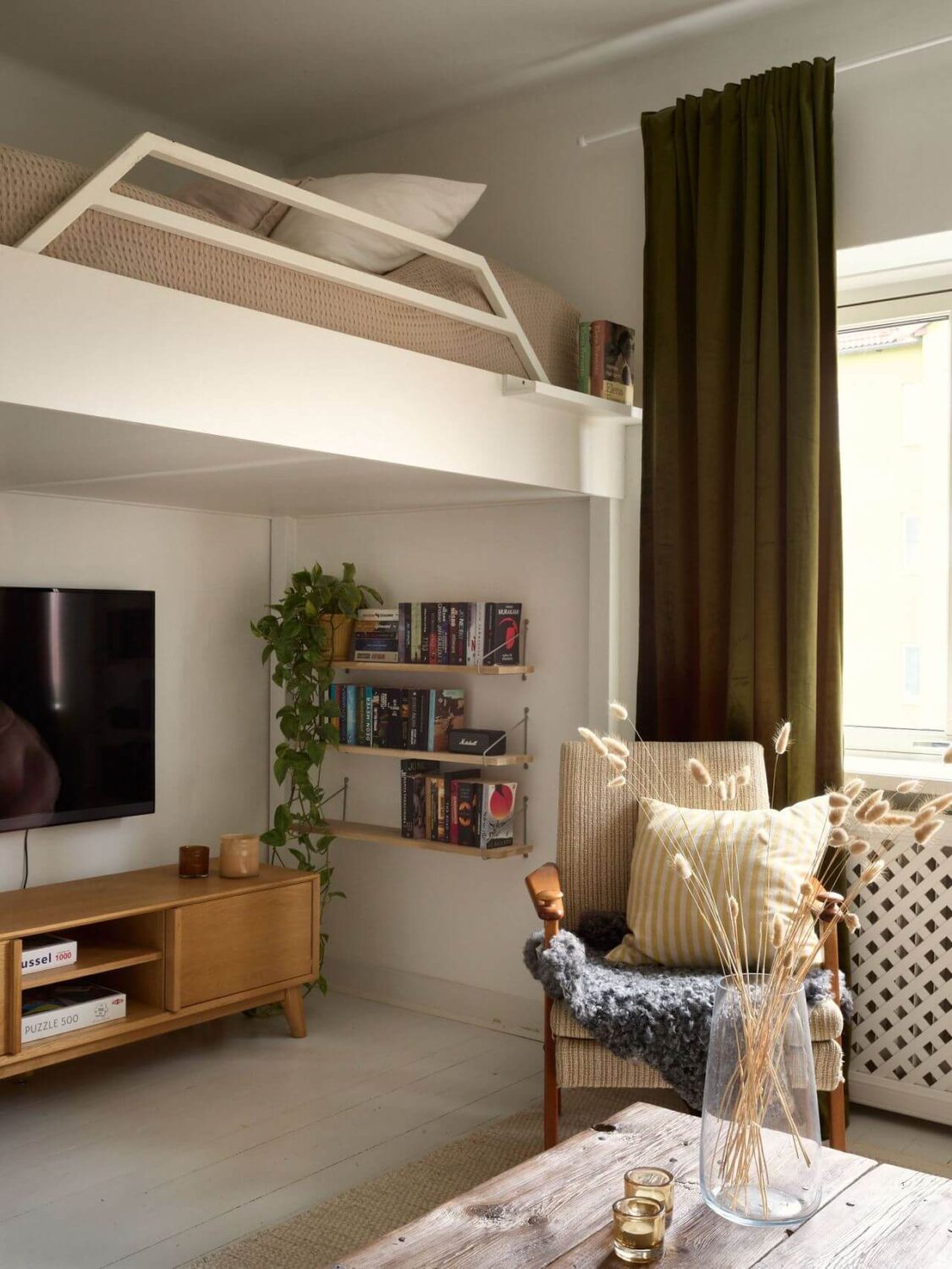 Great Living Room Bedroom Combo Ideas (Layout Tips + Styling) 27 one-room-apartment-loft-bed-nordroom