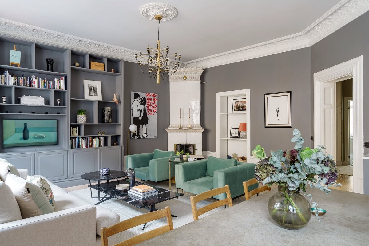 A Classic Nordic Apartment Decorated with Modern Furnishings and Color 5 open-plan-living-room-kitchen-bookcases-nordic-design-nordroom