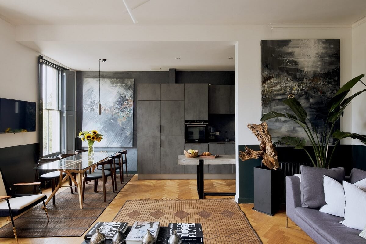 A Beautiful London Apartment in an Italianate Style Villa 4 open-plan-living-room-kitchen-gray-cabinets-hardwood-floor-nordroom